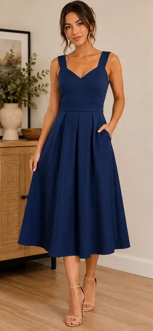 JJs House Navy Blue V-Neck A-Line Cocktail Dress with Pockets Midi Size S 415114 thumbnail 1