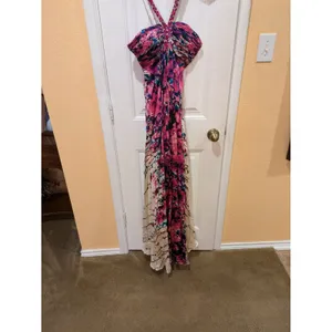 La Femme Multicolor Floral Rhinestone Embellished Halter Evening Gown EUC Sz 0 thumbnail 5