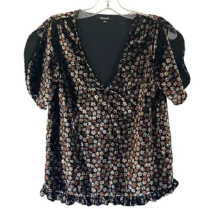 Madewell Velvet Split Sleeve Ruffle Hem‎ Floral Top Black Brown K2795 XS thumbnail 12