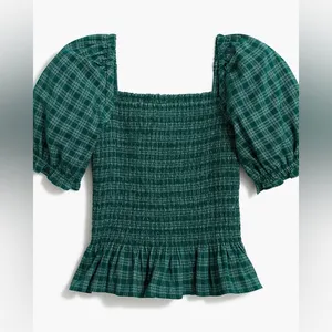 J.Crew Green Plaid Smocked Peplum Top Puff Sleeve Square Neck‎ Women’s Small thumbnail 2
