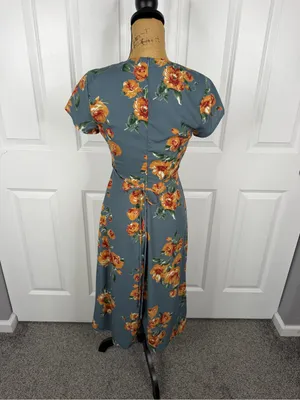 Lulus Floral Cutout Tie Front Midi Dress Blue Orange Sz S NWOT thumbnail 4