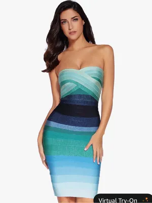 Strapless Multicolor Bandage Dress - Green & Blue Stripe thumbnail 3