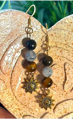 Handmade Bronzite + Chrysoprase + Tigers Eye Sun Charm Earrings thumbnail 1