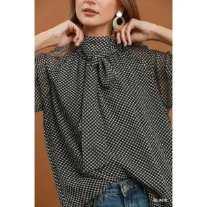 Umgee Dot Print Tie Neck Long Sleeve Blouse - Black - Large thumbnail 4