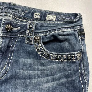 Miss Me Buckle Mid Rise Straight Embellished Flap Denim Blue Jeans 29/28 thumbnail 4
