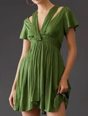 Anthropologie Green Pleated Mini Dress Cold Shoulder V-Neck Size 8 NWT thumbnail 1
