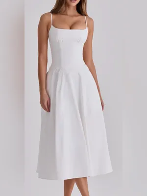 NEW HOUSE OF CB Liora Eyelet Trim Cotton Midi White Dress sz XS thumbnail 4