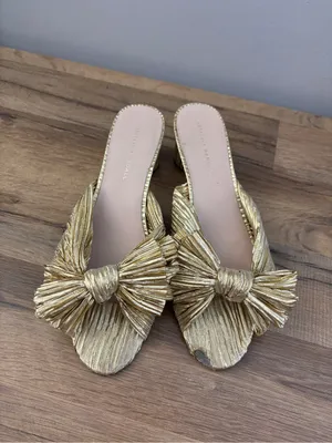 Loeffler Randall Penny Pleated Knotted Bow Heeled Mules Sandals Gold thumbnail 5
