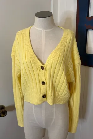 Garage Yellow Ribbed V-Neck Button Front Cropped Cardigan Sz M thumbnail 1