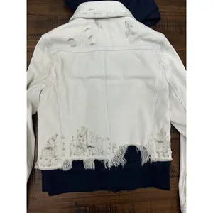 Free People Hoodie Jacket Women XS White Distressed Double‎ Weave Denim thumbnail 12