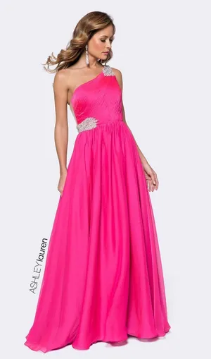 ASHLEYLAUREN Hot Pink Pleated Crystal Pearl Beaded One Shoulder Gown Size 8 thumbnail 1