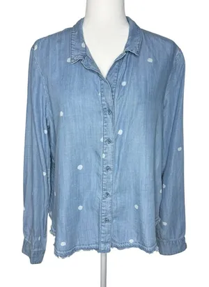 Cloth‎ & Stone Top L Anthropologie Denim Chambray Polka Dot Button Up Shirt thumbnail 1