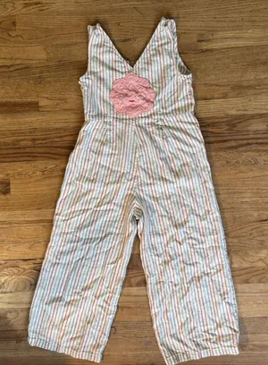 Boho Linen Blend Striped Jumpsuit with Embroidered‎ Flower Patch Wide Leg M thumbnail 1