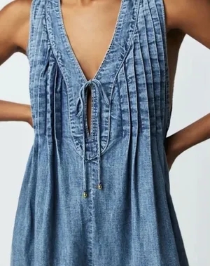 Free People Denim Webster Romper Blue Women's Small Sleeveless Pintuck thumbnail 3