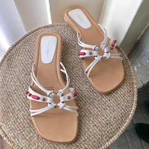 Vintage Monterey Bay Genuine leather white and pink slip on open toe boho bohemian summer sandals with wooden beads thumbnail 1