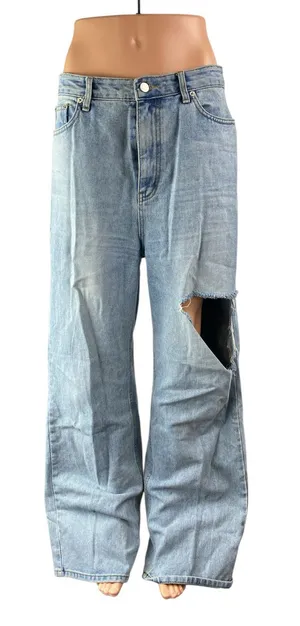 12th Tribe Women's Blue Distressed High Waist Baggy Wide Leg Denim Jeans Pants L thumbnail 1