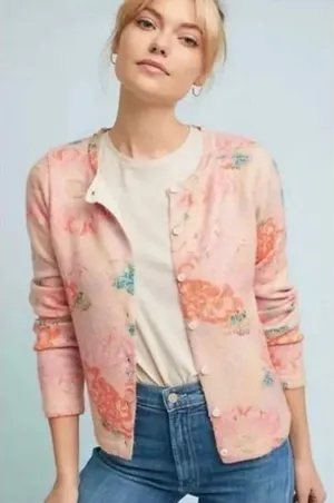 Anthropologie POSTMARK Devon Floral Cardigan Sweater Pink Knitwear Buttons Small thumbnail 1