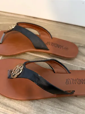 Sandalup Women's Black and Brown Thong Sandals with Gold Medallion thumbnail 3