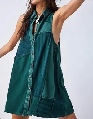 Free People Santana Patchwork Tunic Mini Dress Boho Green M thumbnail 1