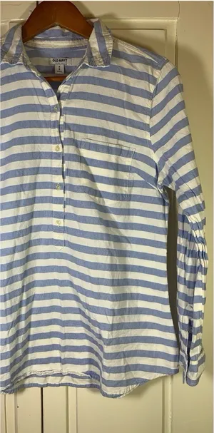 Old Navy Top Womens Medium Blue Striped Oxford‎ Popover Tunic Coastal Preppy thumbnail 1