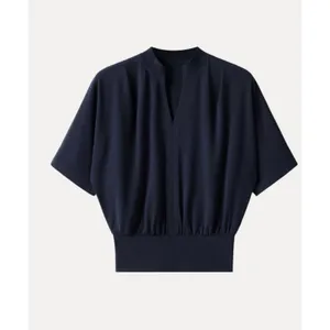 OGL Stand Collar V-Neck Short Sleeve Navy Top Women's Size Small NEW thumbnail 5