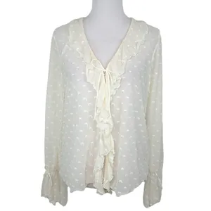 By ANTHROPOLOGIE Long-Sleeve Clip Dot Sheer Textured Blouse Women's Size Medium thumbnail 4