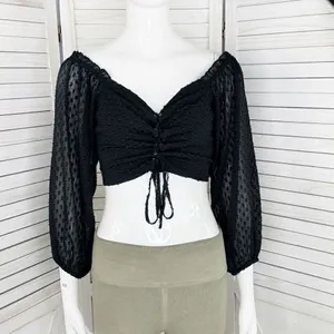Aeropostale Clip Dot Lace Up Off The‎ Shoulder Crop Top Black Medium Sheer Indie thumbnail 2