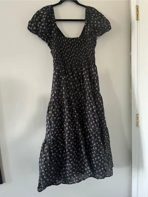 Black Orange Floral Print Puff Sleeve Smocked Midi Dress Medium Cottagecore thumbnail 8
