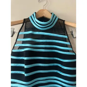 JS Collections Black and Blue Striped Mesh Mock Neck Top Size 14 thumbnail 2