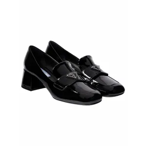 Prada Patent Square Front Enamel Logo Loafer Pump Black Size 37.5 thumbnail 2