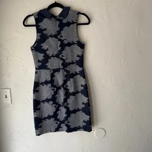 Anthropologie Let Me Be Navy Blue‎ Beaded Collar Dress Size 2 Floral Brocade thumbnail 7