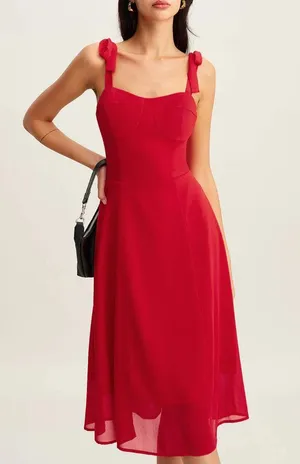 Rihoas Red Sweetheart Neck Tie Strap Midi Dress thumbnail 1
