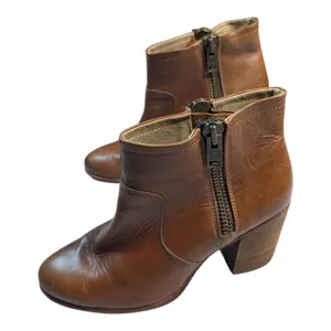 Hinge Cognac Brown Heavy Leather Double Zip Stacked Block Heel Ankle Boots Sz 10 thumbnail 6