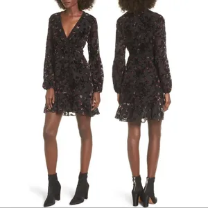 WAYF Brayden Long Sleeve Black with Red Roses Embroidered Velvet Dress Medium thumbnail 2