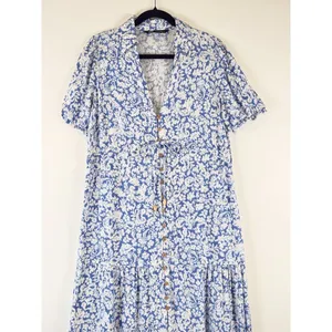ZARA Womens Dress Blue Midi Floral Ditsy Shirtdress Linen Short Sleeve Medium thumbnail 5