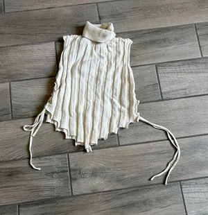 Cream Ribbed Turtleneck Dickey with Side Ties thumbnail 1