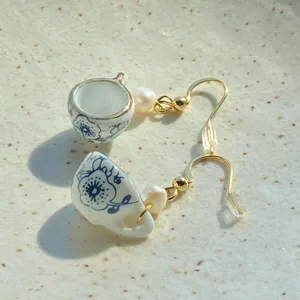 Handmade porcelain tea cup & freshwater pearls unique fun fairy antique style dangle earrings🫖🍃🌀 thumbnail 5