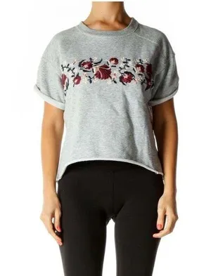 Abercrombie & Fitch Women's Gray Cropped Sweatshirt Floral Embroidery Small thumbnail 1