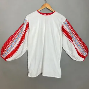 Folk Peasant‎ Blouse Top Women White Red Embroidered Balloon Sleeve European thumbnail 1