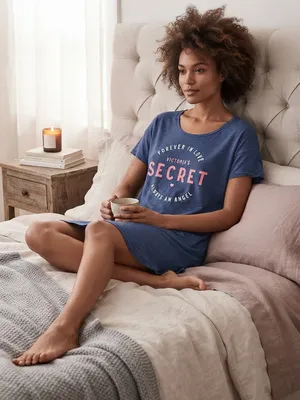 Victoria's Secret Navy Blue Short Sleeve Logo Sleep Tee with Pink Print thumbnail 1