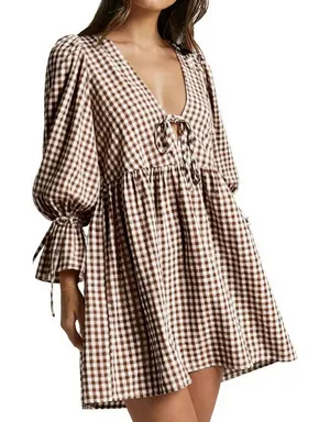 White/Brown Gingham Mini Dress Brown thumbnail 1