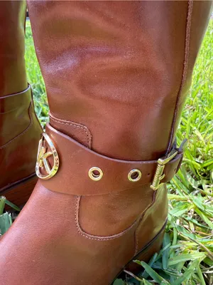 Michael Kors Heather Boots Women’s Brown Leather Knee High Riding Logo Strap thumbnail 5