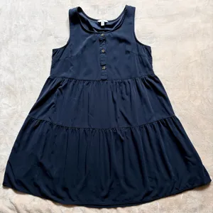 Women’s Dark Blue Tiered Flowy Dress - Sleeveless Knee Length Button Dress, L thumbnail 1