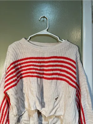 Aerie Women's Size XS Striped Pullover Sweater‎ Cream Red Stripes FLAWED thumbnail 4