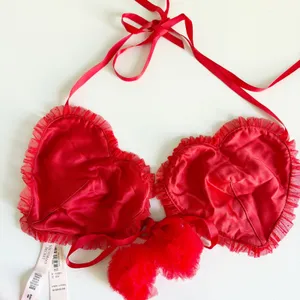NWT Victoria's Secret Womens Red Satin Heartbreaker Pom Sexy Lingerie Set M-DD thumbnail 5