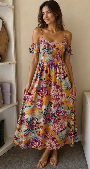 Enfocus Studio Mustard Floral Off-Shoulder Maxi Dress thumbnail 1