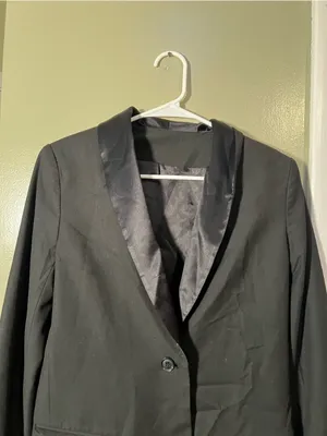 Women's Blazer Black Satin Lapel One Button Longline Lined Long Sleeve Stretch thumbnail 2