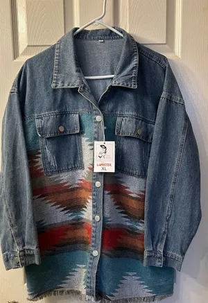 Embroidered Pattern Blue Denim Jacket thumbnail 1