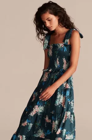 Rebecca Taylor Hydrangea Floral Smocked Tie Shoulder Midi Dress Large Cotton thumbnail 1