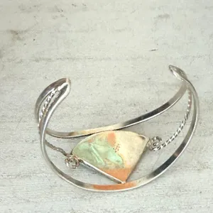 Vintage Alpaca Mexico Abalone Mother of Pearl Flower Cuff Bracelet thumbnail 6